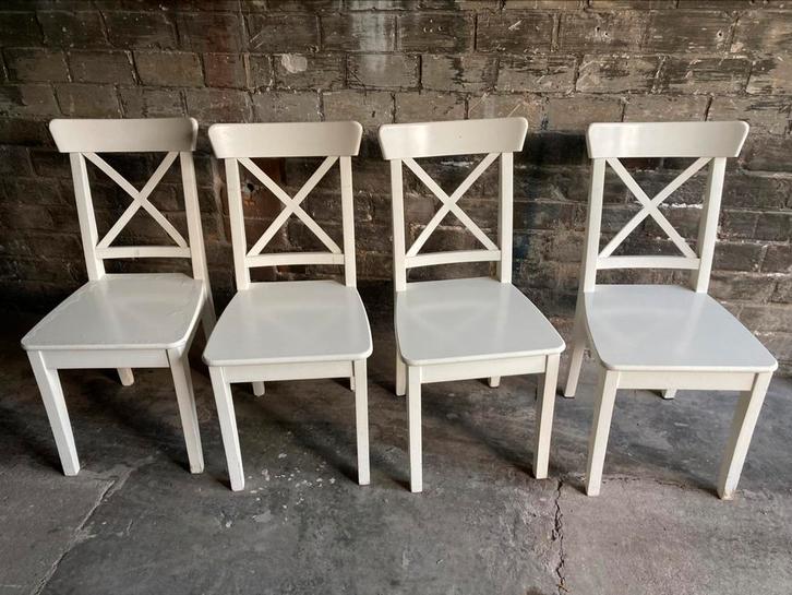 4 witte houten ikea stoelen, Huis en Inrichting, Stoelen, Gebruikt, Vier, Hout, Wit, Ophalen