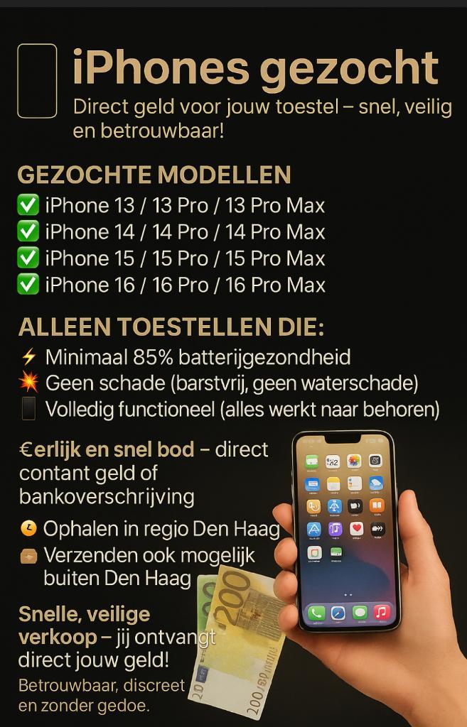 iPhones 13 t/m 16 Gezocht – Direct Cash  Zonder Schade, Telecommunicatie, Mobiele telefoons | Toebehoren en Onderdelen, Zo goed als nieuw