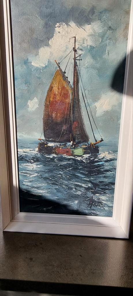 Olieverf schilderij zeilboot/platbodem, Antiek en Kunst, Kunst | Schilderijen | Klassiek, Ophalen of Verzenden