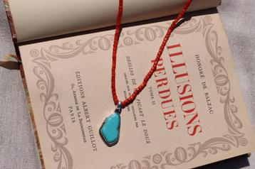 Rood Koraal Collier met Turkoois Hanger, Sterling Zilver beschikbaar voor biedingen