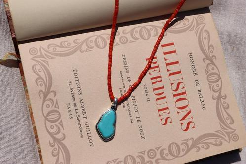 Rood Koraal Collier met Turkoois Hanger, Sterling Zilver, Sieraden, Tassen en Uiterlijk, Kettingen, Zo goed als nieuw, Zilver