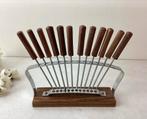 Vintage Set 12 cocktail vorkjes met hout/metaal houder, Ophalen of Verzenden