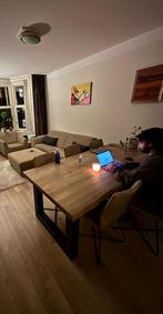 Industriele eettafel van massief hout met stalen poten, Huis en Inrichting, Tafels | Eettafels, 200 cm of meer, Zo goed als nieuw