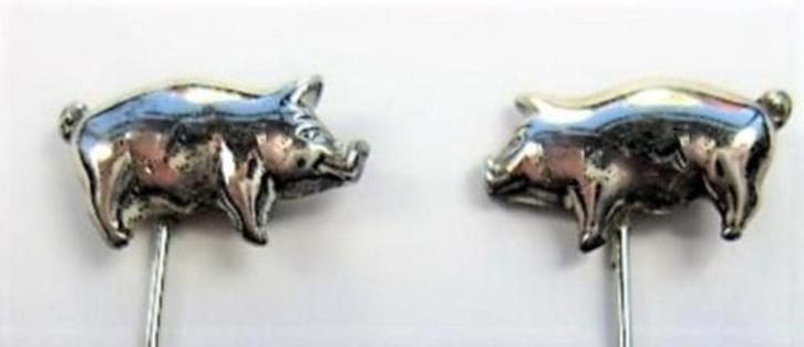 2x zilveren pin varkens, links en rechts, hoeden/reverspeld, Sieraden, Tassen en Uiterlijk, Broches, Zo goed als nieuw, Zilver