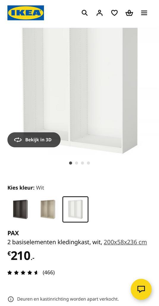 IKEA Pax Kast Basiselement Wit - 2 stuks van 100x60x236 cm, Huis en Inrichting, Kasten | Kledingkasten, Gebruikt, 200 cm of meer