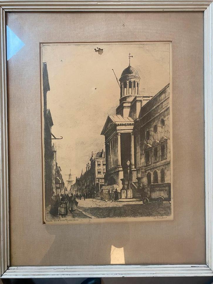 Pentekening Stadhuis Rotterdam - Nostalgie, Antiek en Kunst, Kunst | Etsen en Gravures, Ophalen of Verzenden