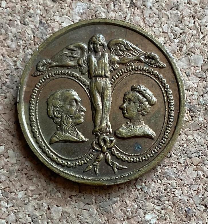 Penning Huwelijk Willem Frederik en Maria van Pruissen 1878, Postzegels en Munten, Penningen en Medailles, Overige materialen