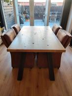 Eikenhouten eettafel met 4 leren stoelen, Ophalen, Gebruikt, 4 tot 6 stoelen