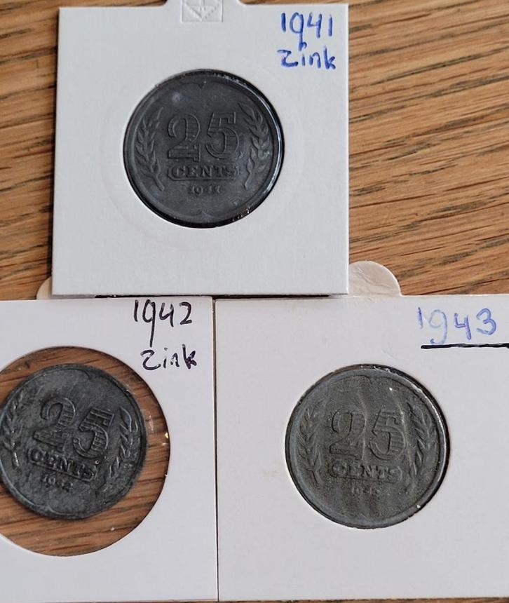 25 cent 1941-1942-1943 ZINK (Compleet), Postzegels en Munten, Munten | Nederland, 25 cent, Koningin Wilhelmina, Ophalen of Verzenden