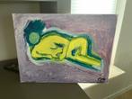 Abstract Schilderij Liggende Figuur - Geel/Groen/Lila 40x30c, Ophalen