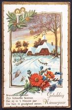 Ansicht Kerst Kaart Gelukkig Nieuwjaar Nieuwjaarswens Goud, Ophalen of Verzenden, 1940 tot 1960, Feest(dag)