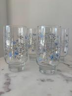 Vintage glazen set met blauw bloemmotief – 4 stuks, Ophalen of Verzenden