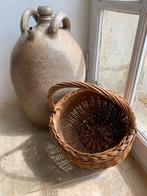 Brocante, vintage rieten/rotan mand rond met hengsel, Antiek en Kunst, Curiosa en Brocante, Ophalen of Verzenden