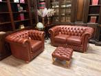 Chesterfield cognac leer 2 zits & fauteuil & voetenbankje, Ophalen, Info@chesterfieldjunkie.nl, Gosem engelsstraat, Leer