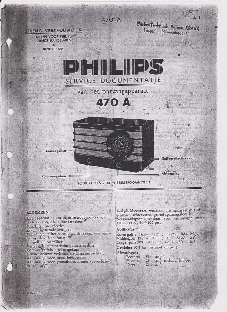 Philips Service manual 470A. verzending kan ook, Audio, Tv en Foto, Radio's, Gebruikt, Radio, Ophalen