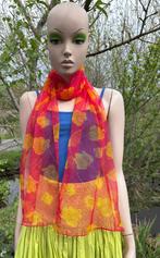 (8) Sjaal vintage roze met oranje bloemen - 32 cm bij 71 cm, Ophalen of Verzenden, Zo goed als nieuw, Maat 42/44 (L), Sjaal