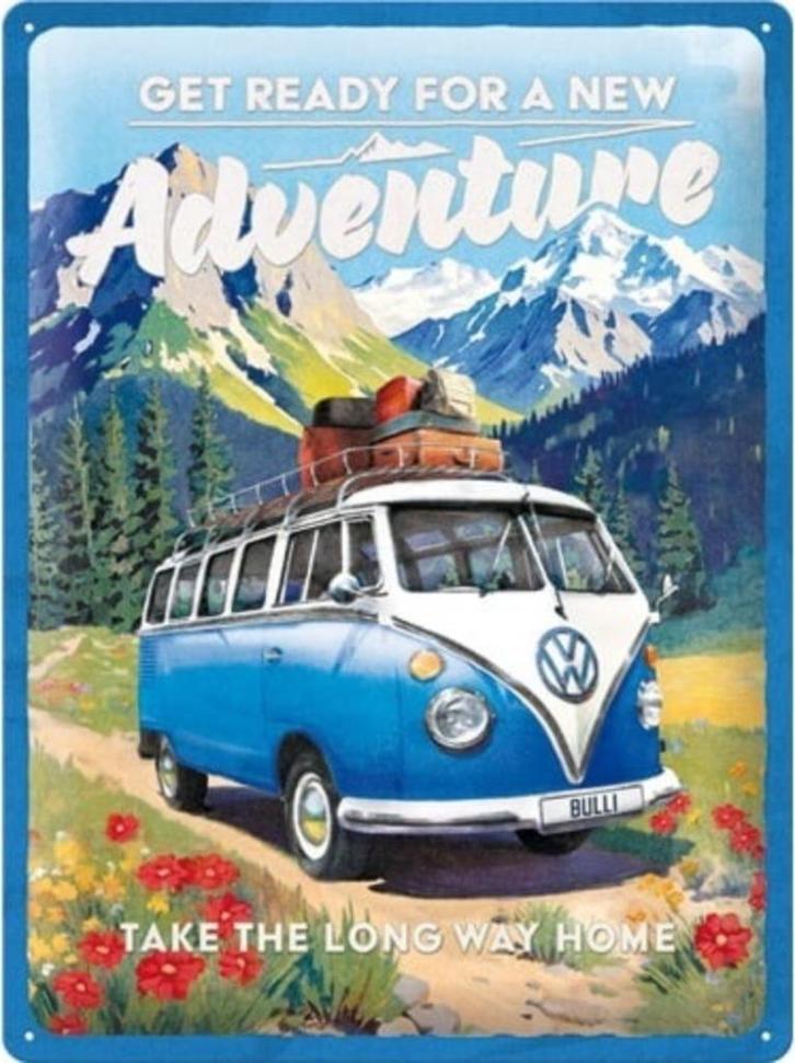 VW Bulli Ready For A New Adventure.  Metalen wandbord., Verzamelen, Merken en Reclamevoorwerpen, Nieuw, Reclamebord, Ophalen of Verzenden