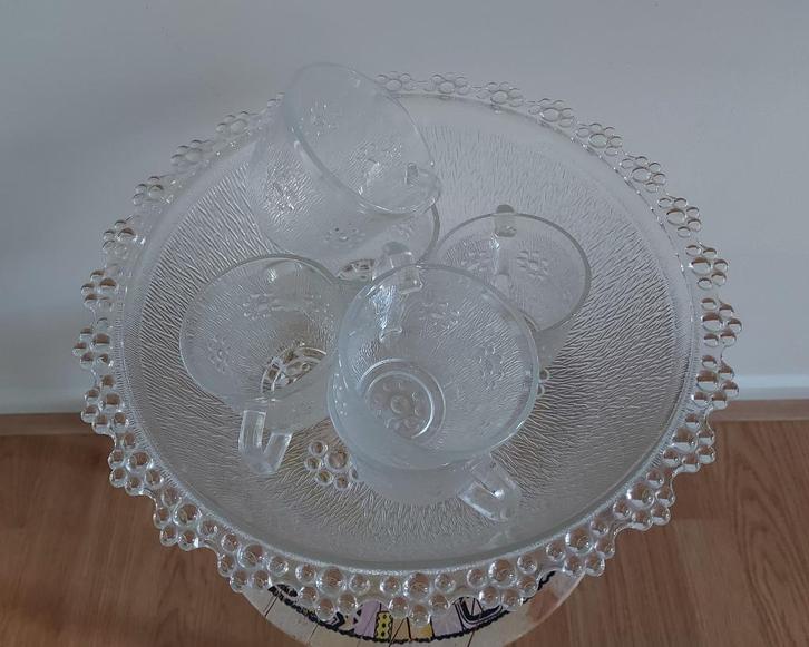 Vintage helder glazen punch bowl met 6 kopjes, Huis en Inrichting, Keuken | Keukenbenodigdheden, Zo goed als nieuw, Ophalen of Verzenden