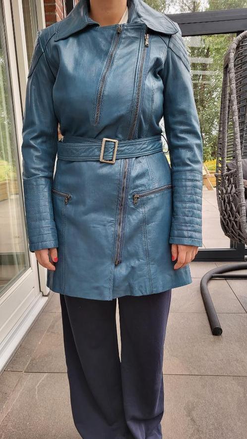 Lange leren jas petrol blauw maat 36, Kleding | Dames, Jassen | Zomer, Zo goed als nieuw, Maat 36 (S), Blauw, Ophalen