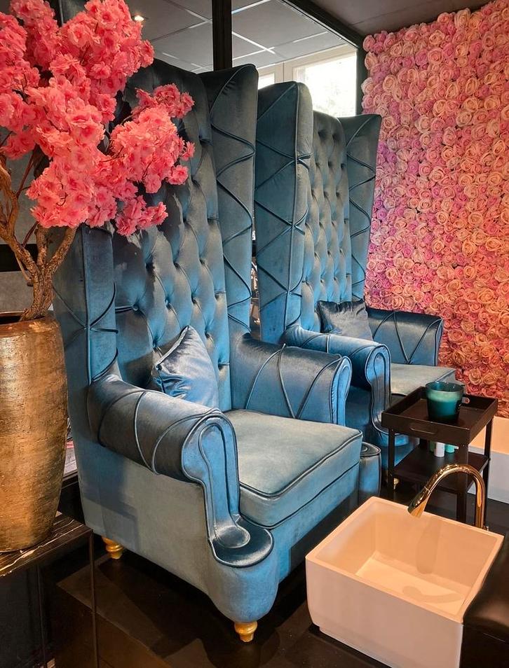 Luxe velvet turquase salonstoelen met hoge rugleuning, Huis en Inrichting, Stoelen, Zo goed als nieuw, Eén, Overige kleuren, Ophalen