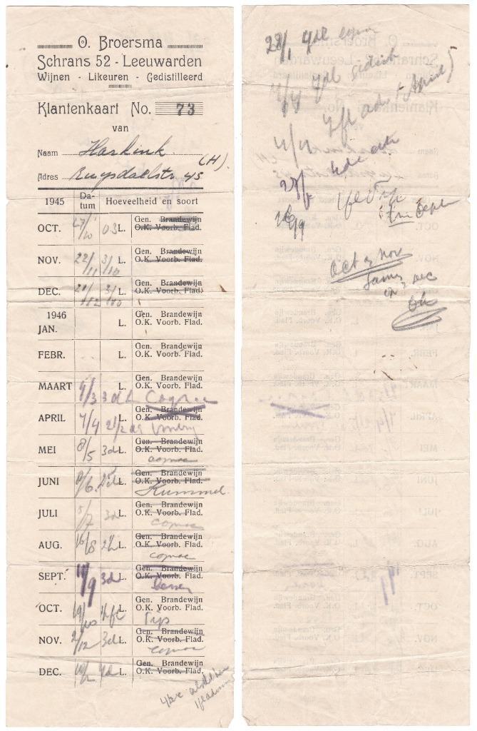 Klantenkaart 1945 Broersma Leeuwarden Wijn Likeur - Harkink, Verzamelen, Merken en Reclamevoorwerpen, Gebruikt, Overige typen