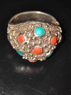 Antieke zilveren ring met turkoois en koraal, Sieraden, Tassen en Uiterlijk, Ringen, Ophalen of Verzenden