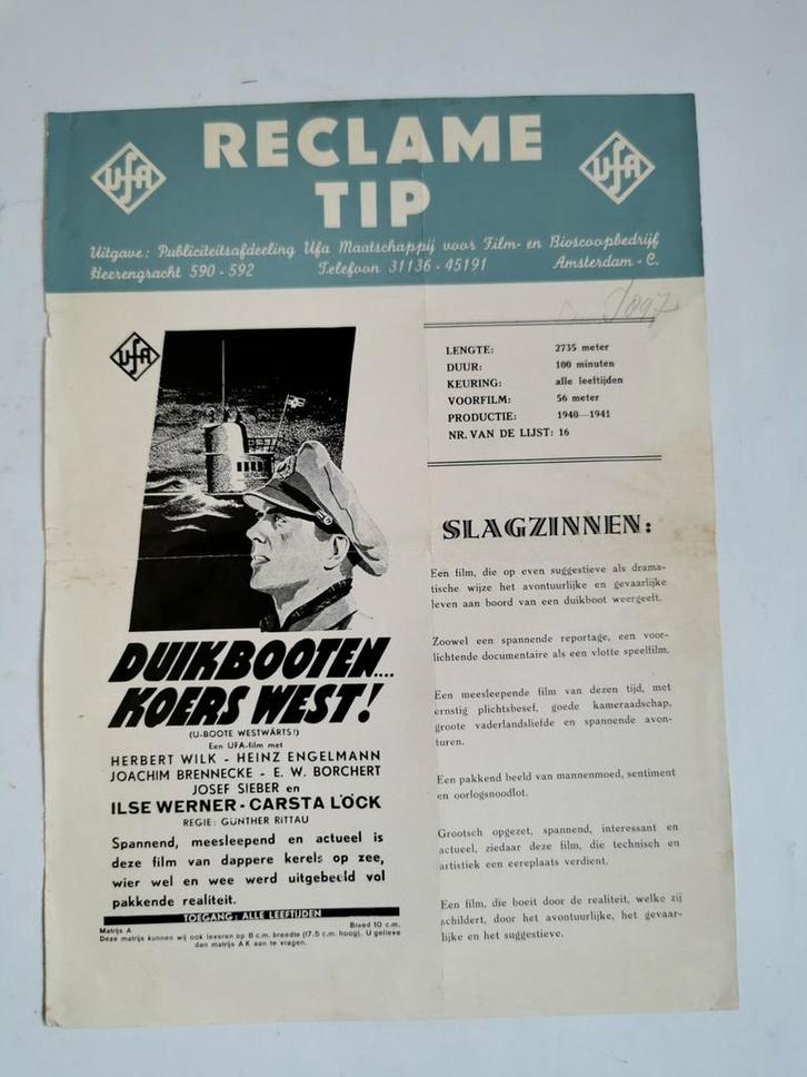 Duikbooten Koers West! - Film reclame 1941, Boeken, Film, Tv en Media, Gelezen, Filmspecifiek, Ophalen of Verzenden