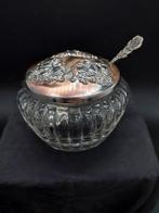 Glazen suikerpot, verzilverd/zilverkleurig deksel en lepel, Antiek en Kunst, Antiek | Glas en Kristal, Ophalen of Verzenden