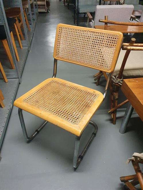 vintage buisframe stoel met webbing, Huis en Inrichting, Stoelen, Gebruikt, Eén, Metaal, Riet of Rotan, Bruin, Ophalen