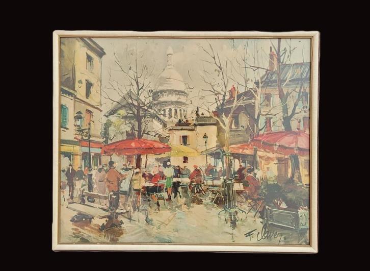 F. Claver (1918-1968) Straatbeeld Sacré Coeur Parijs-Aquarel, Antiek en Kunst, Kunst | Schilderijen | Klassiek, Ophalen of Verzenden