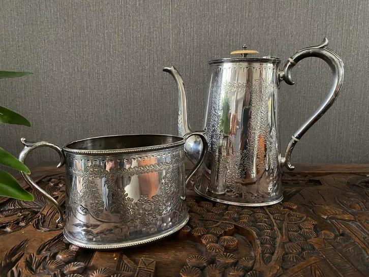 Verzilverde Koffiekan en Suikerpot, Joseph Ridge 1881-1886, Antiek en Kunst, Antiek | Goud en Zilver, Zilver, Ophalen