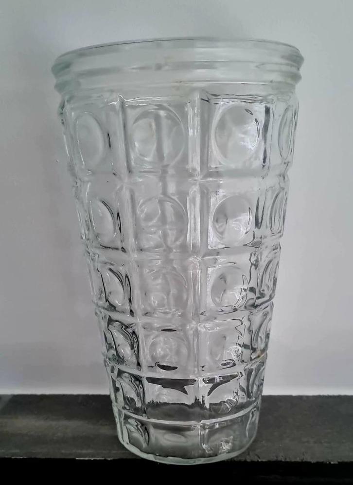 Seventies glazen vazen set met geometrisch reliëf, Huis en Inrichting, Woonaccessoires | Vazen, Zo goed als nieuw, Overige kleuren