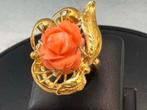 Geweldig antieke Gouden ring Bloedkoraal Roos 18 karaat, Goud, Goud, Met edelsteen, Dame