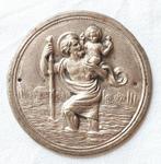 St Christopher embleem dun geperst zilver verzilverd, Oldtimer auto religie penning medaille, Gebruikt, Ophalen of Verzenden