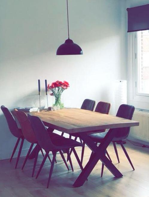 houten eettafel met stalen x poot, Huis en Inrichting, Tafels | Eettafels, Zo goed als nieuw, 50 tot 100 cm, 150 tot 200 cm, Vijf personen of meer