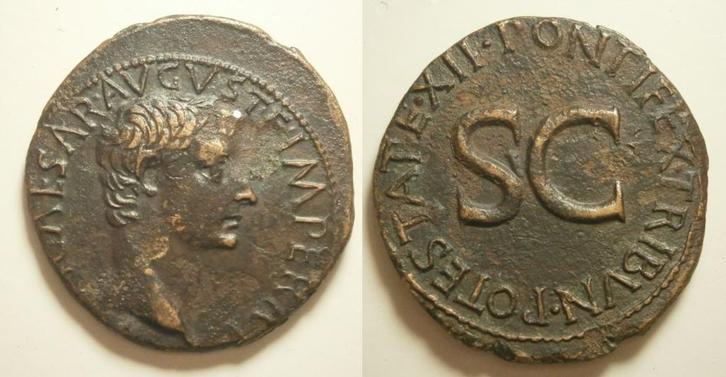 Romeinse munt Tiberius As PONTIFEX TRIBVN POTESTATE XII 10AD, Postzegels en Munten, Munten | Europa | Niet-Euromunten, Losse munt