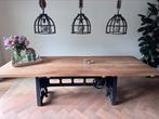 Eiken eettafel industrieel onderstel in hoogte verstelbaar, Ophalen, Gebruikt, Eikenhout, 200 cm of meer