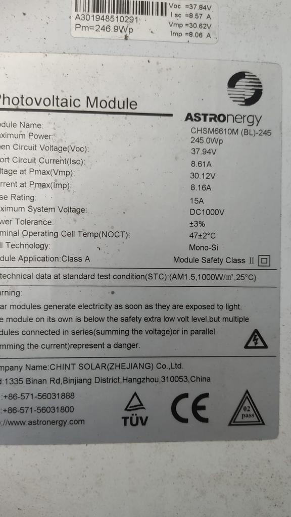 Zonnepaneel Astronergy 245Wp (68stuks) zwart, Doe-het-zelf en Verbouw, Zonnepanelen en Toebehoren, Gebruikt, Paneel, 200 wattpiek of meer