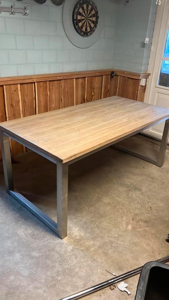 Houten Tafel met Metalen RVS Onderstel, Huis en Inrichting, Tafels | Eettafels, 50 tot 100 cm, 100 tot 150 cm, Rechthoekig, Ophalen of Verzenden