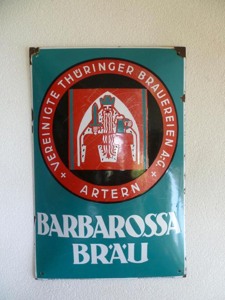 EMAILLE RECLAMEBORD"BARBAROSSA BRAU"UIT JAREN 30, Verzamelen, Merken en Reclamevoorwerpen, Gebruikt, Reclamebord, Ophalen of Verzenden