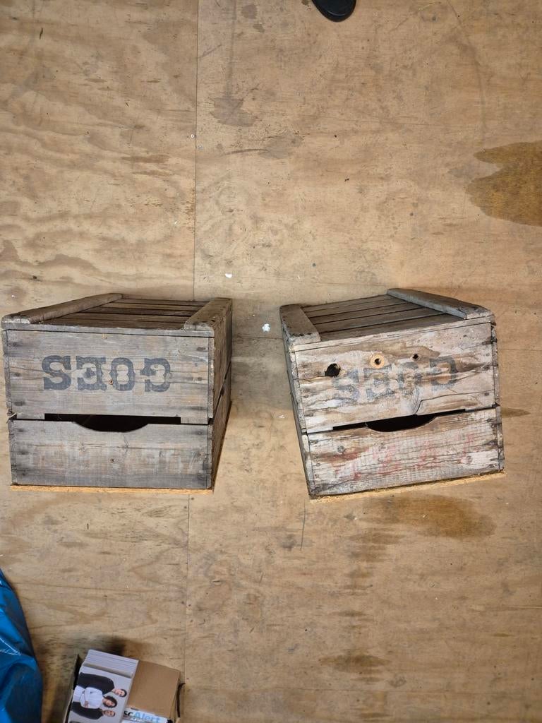 Oude fruitkisten 'GOES' als bijzettafels, Huis en Inrichting, Woonaccessoires | Kisten, Ophalen, Minder dan 50 cm, Gebruikt, Grenenhout