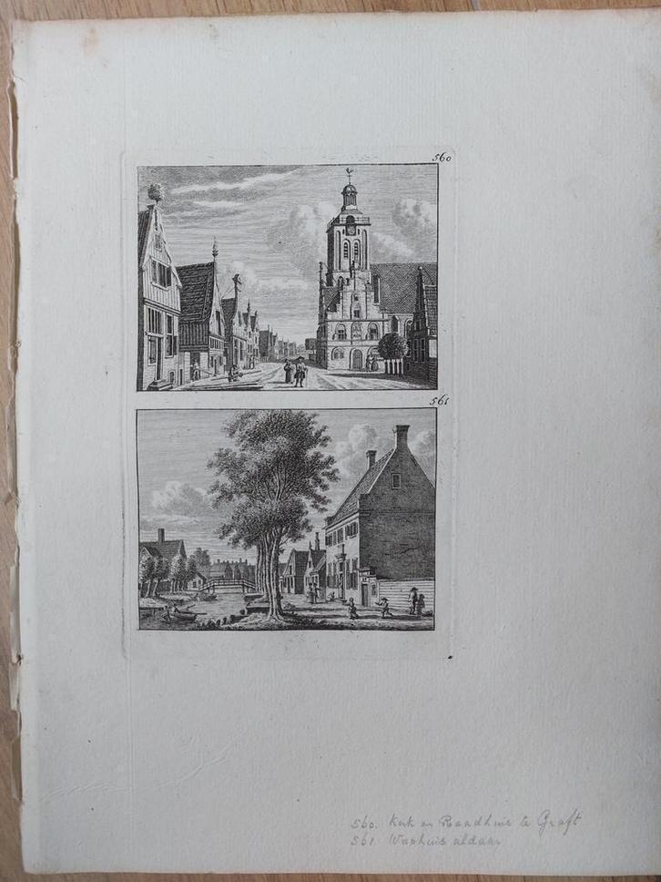 560-561 Graft Kerk en Raadhuis en Weeshuis Unieke uitgave!, Antiek en Kunst, Kunst | Etsen en Gravures, Ophalen of Verzenden