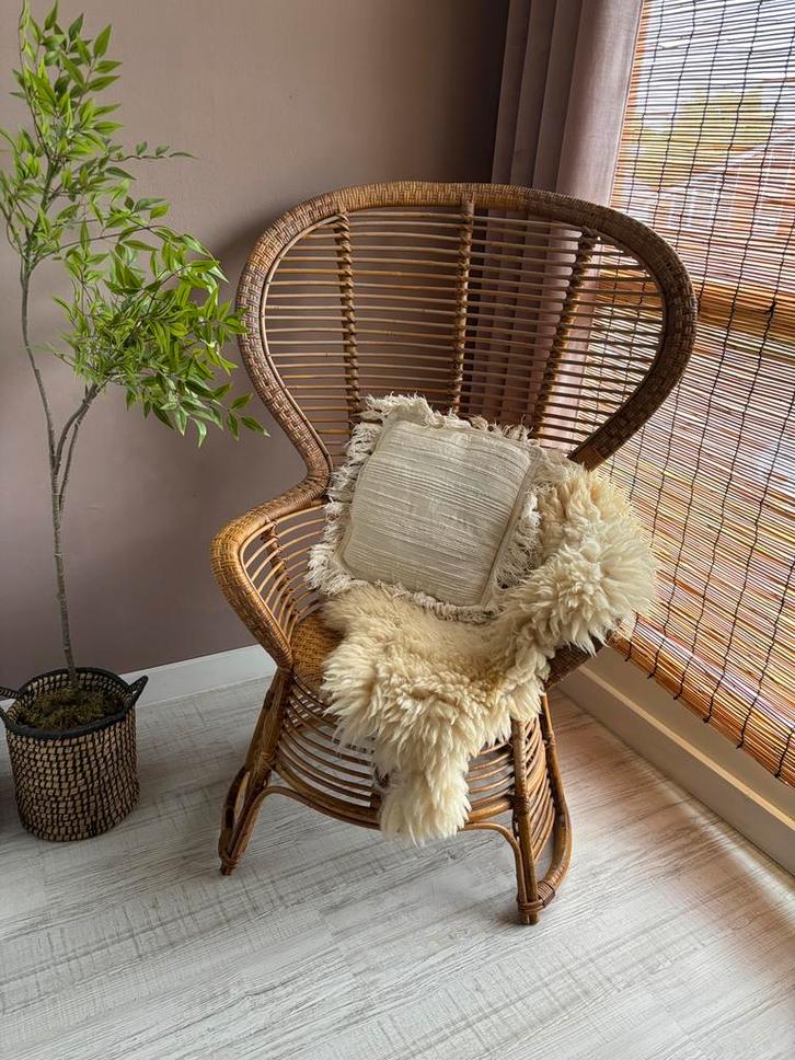 XL Vintage rotan pauwstoel fauteuil stoel, Huis en Inrichting, Fauteuils, Zo goed als nieuw, Riet of Rotan, 50 tot 75 cm, Minder dan 75 cm