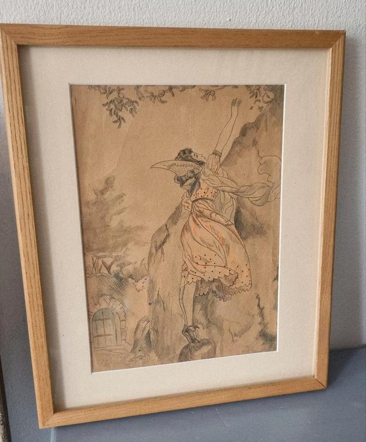 Antieke Franse ingekleurde tekening gesigneerd Burvenich, Antiek en Kunst, Kunst | Tekeningen en Foto's, Ophalen of Verzenden