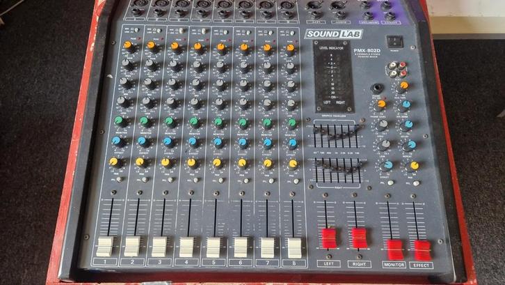 Soundlab PMX 802D mixer versterker in kist, Muziek en Instrumenten, Mengpanelen, Gebruikt, 10 tot 20 kanalen, Microfooningang