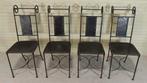 Set van 4 vintage ijzer en leer stoelen, zwart, Huis en Inrichting, Ophalen, Gebruikt, Zwart, Leer