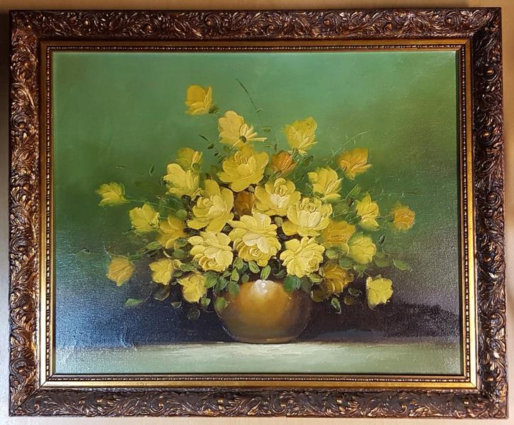 Schilderij Bloemen in vaas met groene achtergrond stilleven, Antiek en Kunst, Kunst | Schilderijen | Klassiek, Ophalen