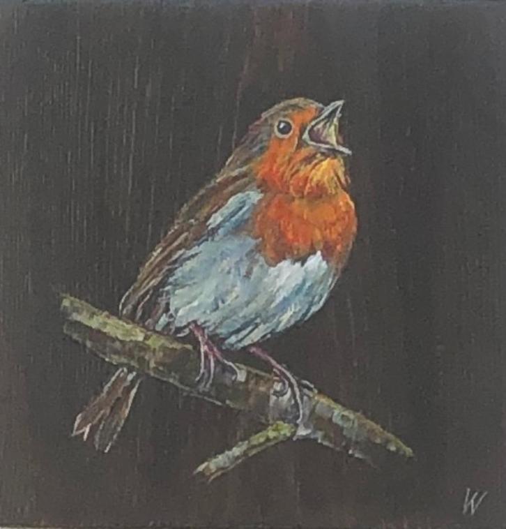 Schilderij roodborstje op gebruikt hout, Huis en Inrichting, Woonaccessoires | Schilderijen, Tekeningen en Foto's, Nieuw, Schilderij