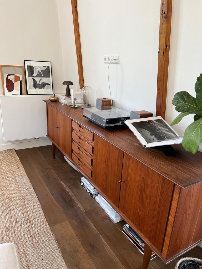 Teakhouten dressoir/ lowboard Deens design, Ophalen, Gebruikt, Teakhout, 200 cm of meer