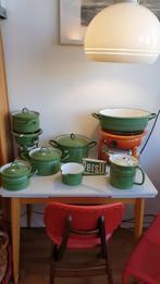 Lotje vintage keuken benodigdheden groen emaille gouden bies, Ophalen of Verzenden